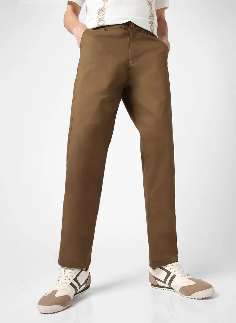 Urbano Fashion Men's Brown Cotton Regular Fit Casual Chinos Trousers Stretch